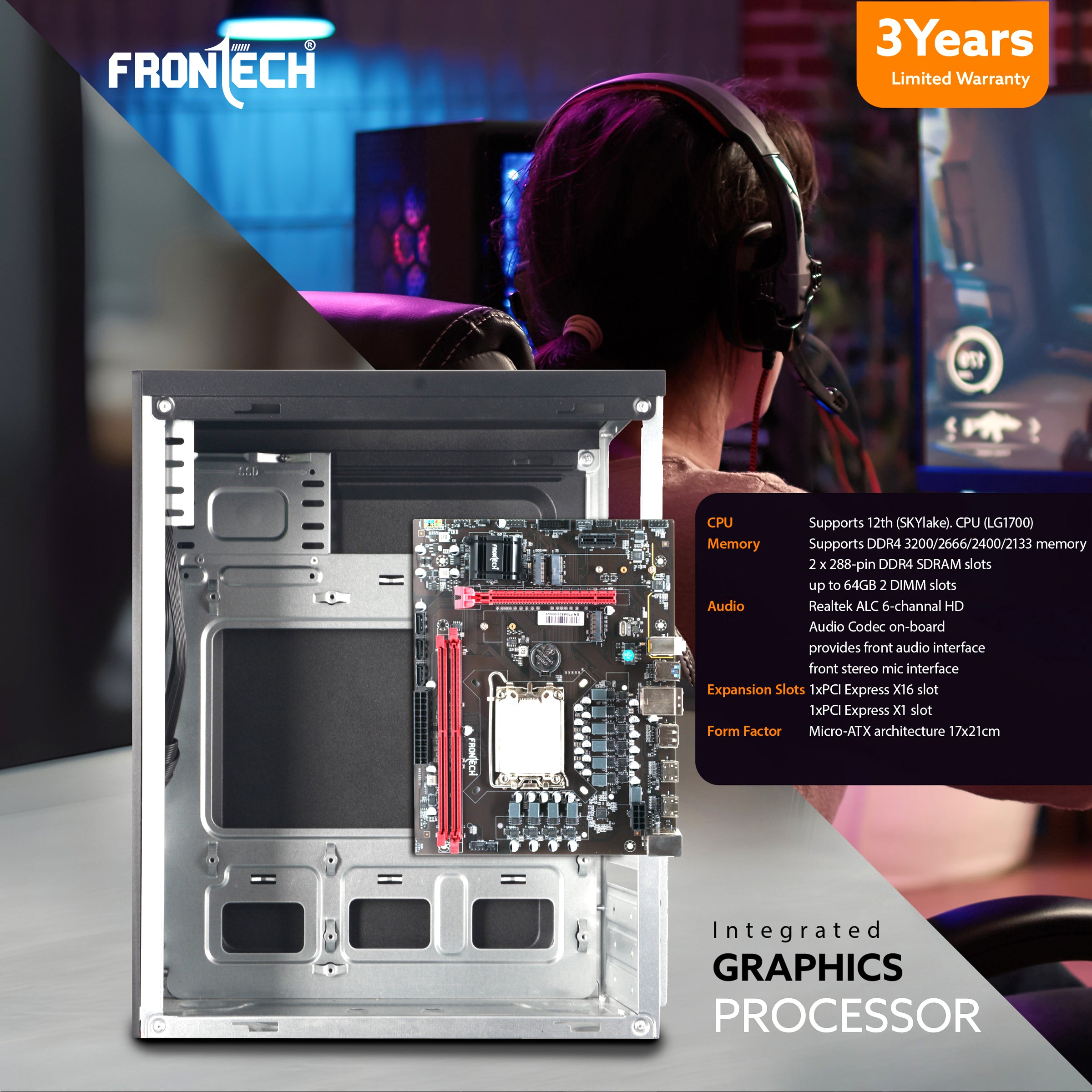 Frontech H610 Motherboard | Supports 12th Gen CPUs (LGA 1700), DDR4 3200, Realtek Audio, 2xUSB 3.0, 4xUSB 2.0, 3xSATA, NVMe/M.2, HDMI, VGA, PCIe x16 (FT-0485) Frontech H610 Motherboard | Supports 12th Gen CPUs (LGA 1700), DDR4 3200, Realtek Audio, 2xUSB 3.0, 4xUSB 2.0, 3xSATA, NVMe/M.2, HDMI, VGA, PCIe x16 (FT-0485)
